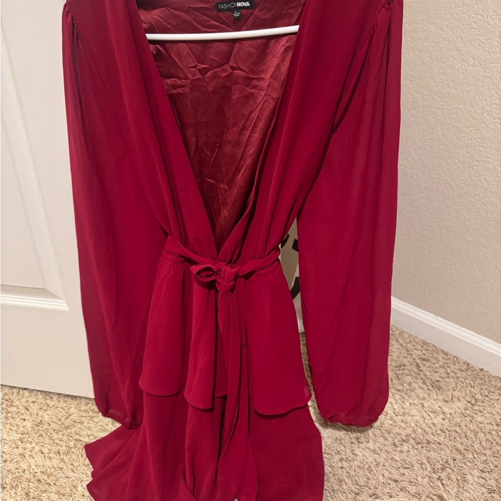 Fashion Nova Burgundy Wrap Romper with Tie Front